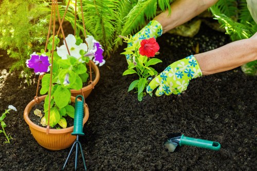 The image depicts a garden scene with dark, fertile soil being prepared for planting in a lush green outdoor space. A person's hands, wearing colourful gardening gloves with a blue floral pattern, are planting a vibrant red flowering plant into the soil. To the left, there are two hanging terracotta pots containing flourishing purple and white flowers, supported by a hanging wooden or metal stand. A small, green hand tool, possibly a trowel, is placed on the soil nearby, along with a blue-handled garden fork resting on the ground. In the background, dense green ferns and leafy plants create a rich, textured environment, indicating a well-maintained garden bed in contemporaneous outdoor landscaping. The weather appears to be bright and clear, with natural lighting illuminating the scene, highlighting the fresh soil, colorful flowers, and lush foliage, and suggesting ongoing gardening or planting work by Landscapers Palmers Green within a typical residential garden environment near Palmers Green, N13.