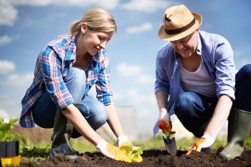 Expert landscapers finalizing an outdoor space