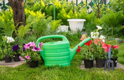 A well-maintained front garden featuring a lush green lawn with evenly cut grass, surrounded by various potted flowering plants including pink and purple petunias, and white begonias. There are garden tools such as a black hand fork and a pink watering can placed among the plants, indicating active gardening work. Behind the plants, taller shrubs and trees provide natural shade and create a vibrant green backdrop, with dappled sunlight filtering through the foliage. The garden also includes a white stone or concrete planter and a garden hose in the background, suggesting ongoing outdoor maintenance. The overall scene illustrates a tidy, landscaped outdoor space typical of residential gardens in the Palmers Green area, reflecting dedicated lawn and plant care by professional gardening services from Landscapers Palmers Green. The weather appears to be clear and bright, enhancing the natural colours and textures of the garden elements, with the outdoor environment designed for relaxation and aesthetic appeal.