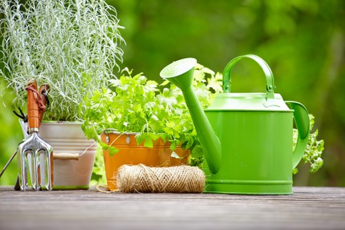 A close-up view of a garden outdoor surface showing various gardening tools and plant containers. In the foreground, there is a bright green plastic watering can with a long spout, positioned next to a small, rectangular yellow terracotta pot filled with lush, green leafy plants. To the left, a metallic garden rake with a wooden handle rests against a larger white pot containing a tall, silvery-gray herb or shrub. In front of the watering can, a coarse jute twine roll is placed on the wooden surface, which appears to be a well-maintained garden table or deck. The background is softly blurred, revealing a vibrant, green, leafy environment typical of a well-tended backyard garden in Palmers Green, illustrating a neat and inviting outdoor gardening space suitable for planting, watering, and growing various garden plants, aligned with professional garden maintenance and landscaping services.